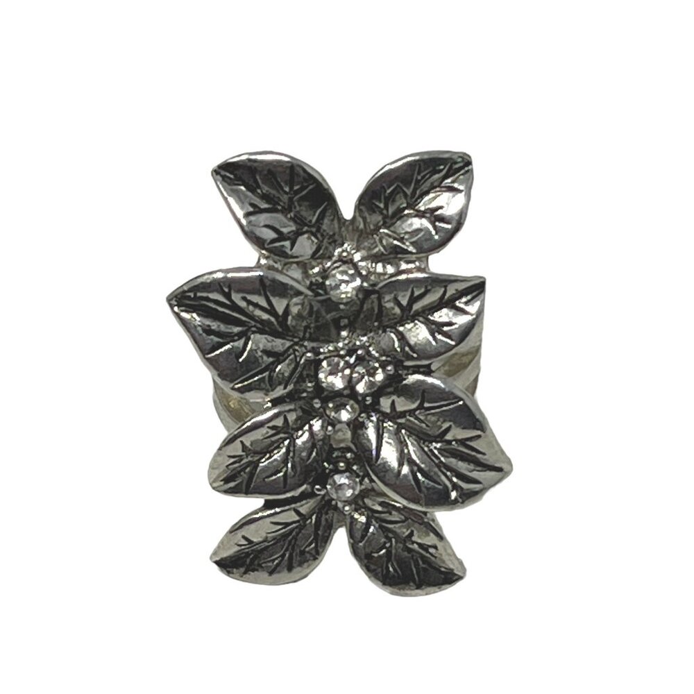 Silvertone Womens Ring Leaves‎ Crystal Rhinestones Large Statement Size 6
